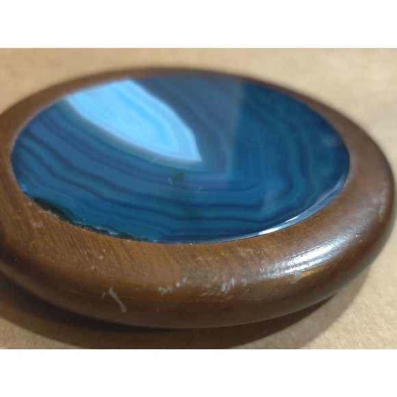 Vtg Brazilian Natural Agate Blue Dyed Inlaid on Lid Carved Wooden Trinket Box - Picture 2 of 9